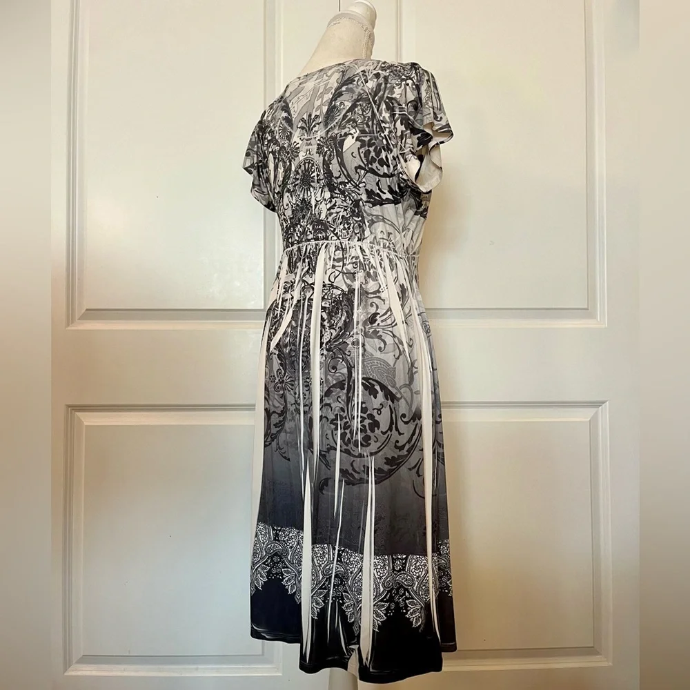 Vtg Y2K Boho Apt.9 Midi Stretch Dress Gray White Pattern Dye Print Scoop Neck MD - Picture 6 of 15